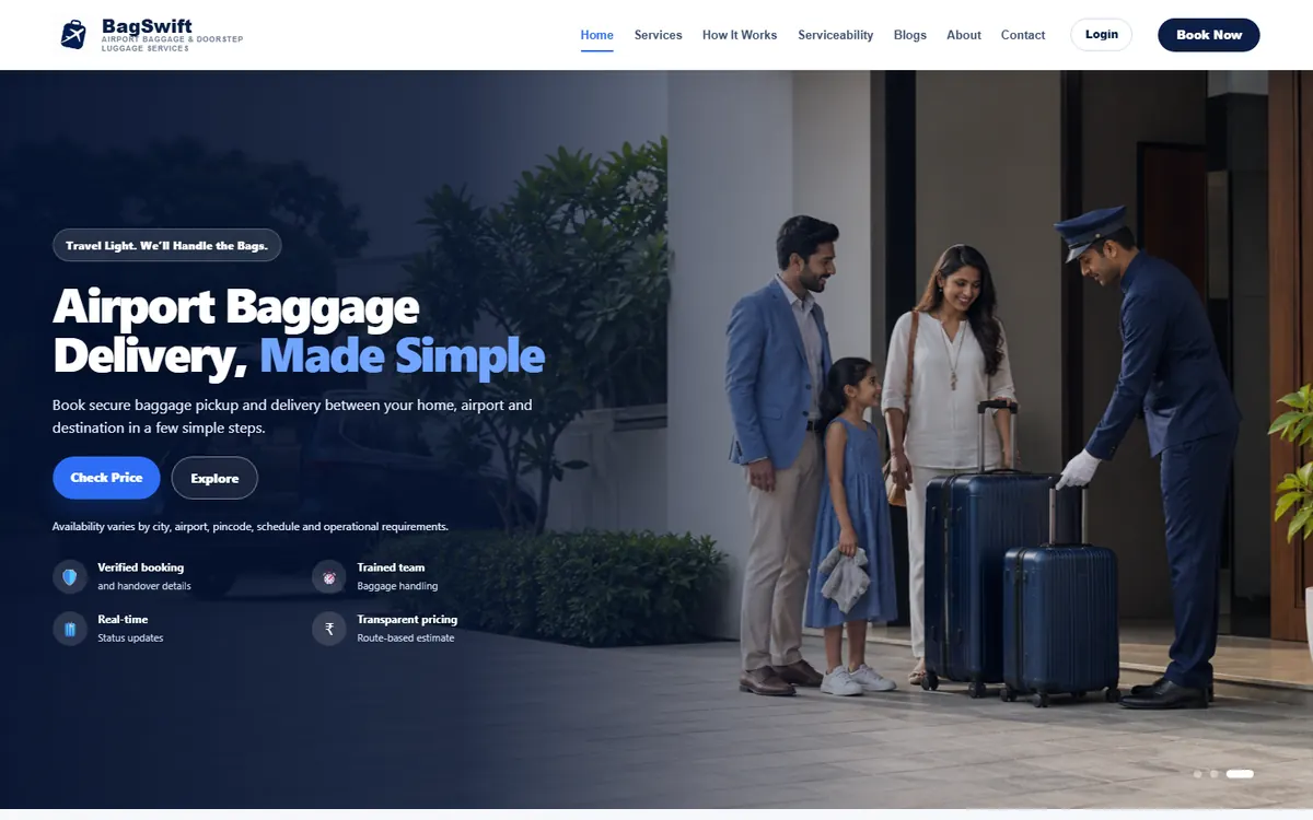 BagSwift logistics software homepage UI