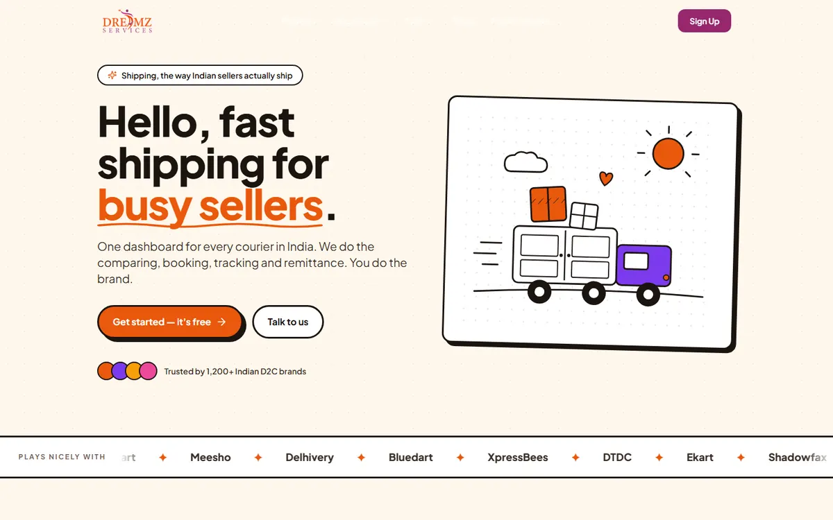 Dreamz Services logistics software homepage UI