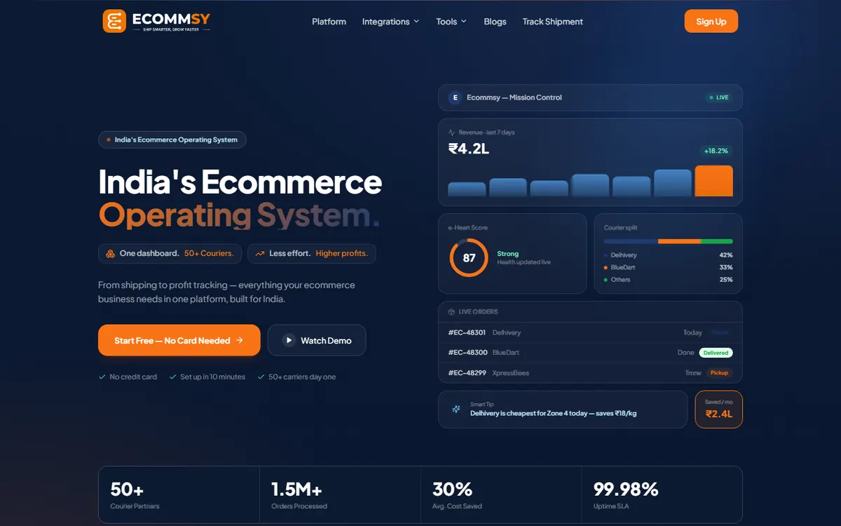 Ecommsy logistics software homepage UI