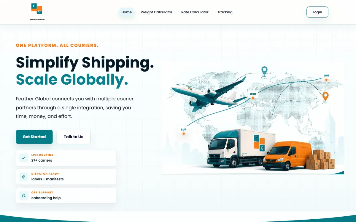 Feather Global logistics software homepage UI