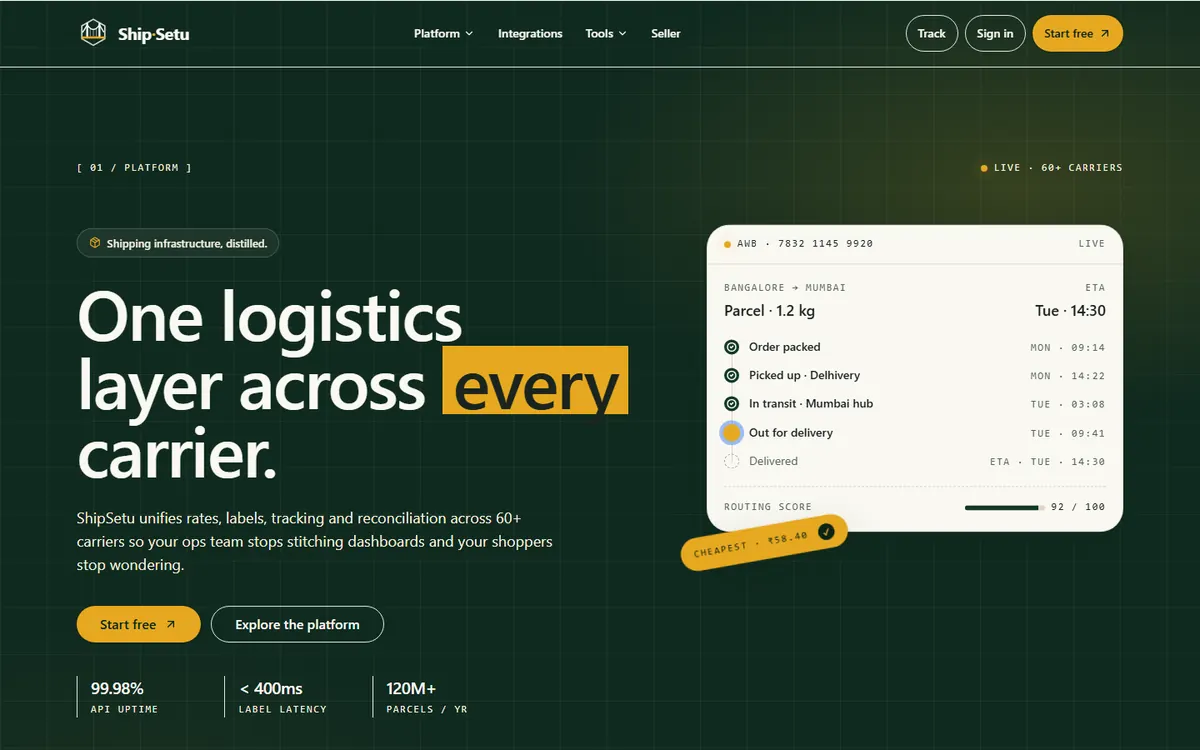 ShipSetu logistics software homepage UI