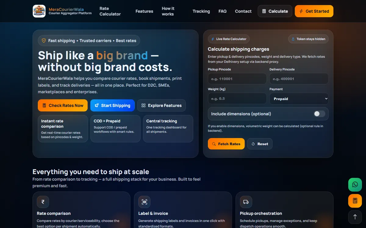 Mera Courier Wala logistics software homepage UI