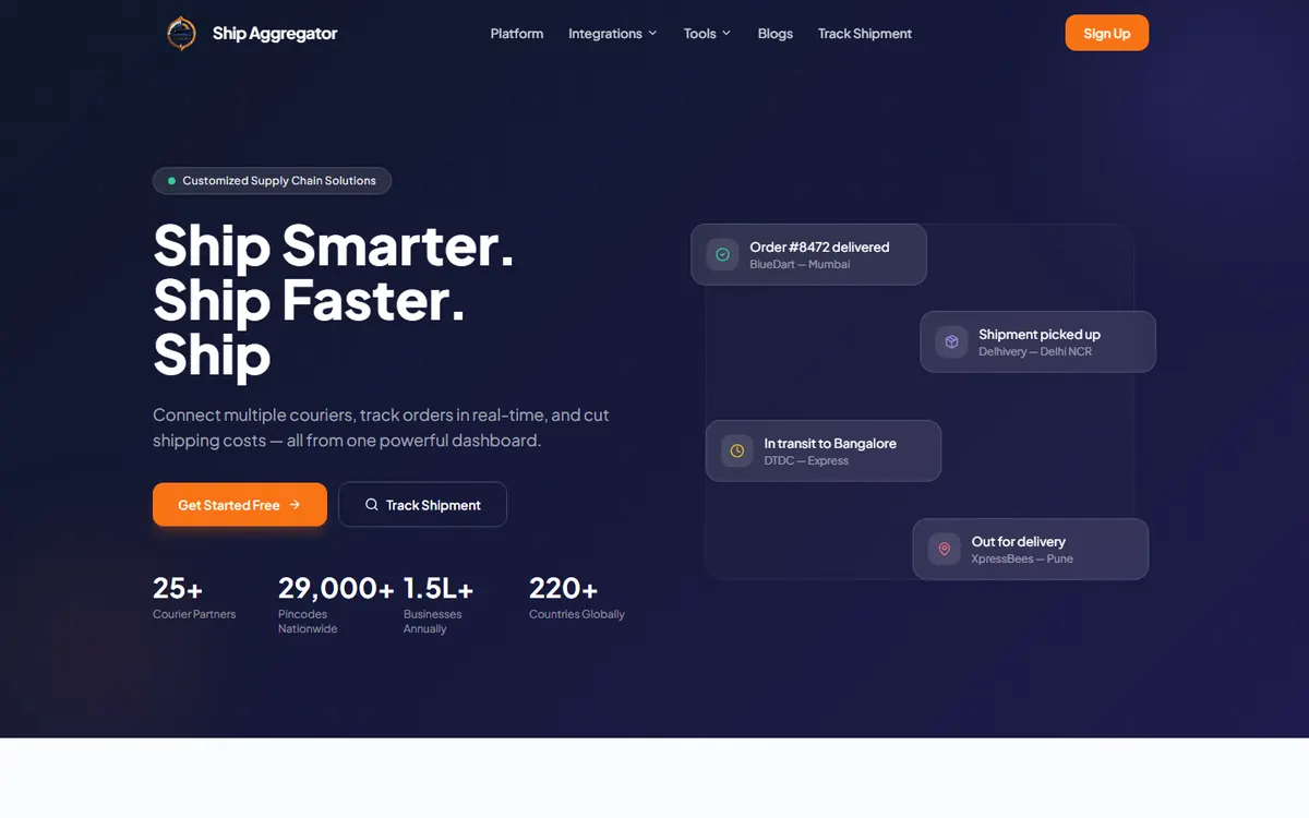 Ship Aggregator logistics software homepage UI
