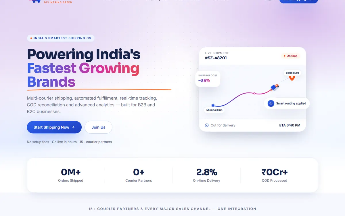 Shipzee logistics software homepage UI