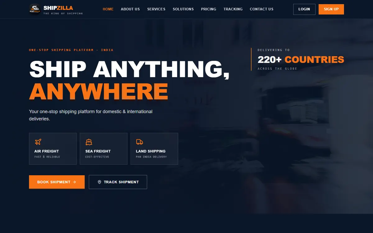 ShipZilla logistics software homepage UI