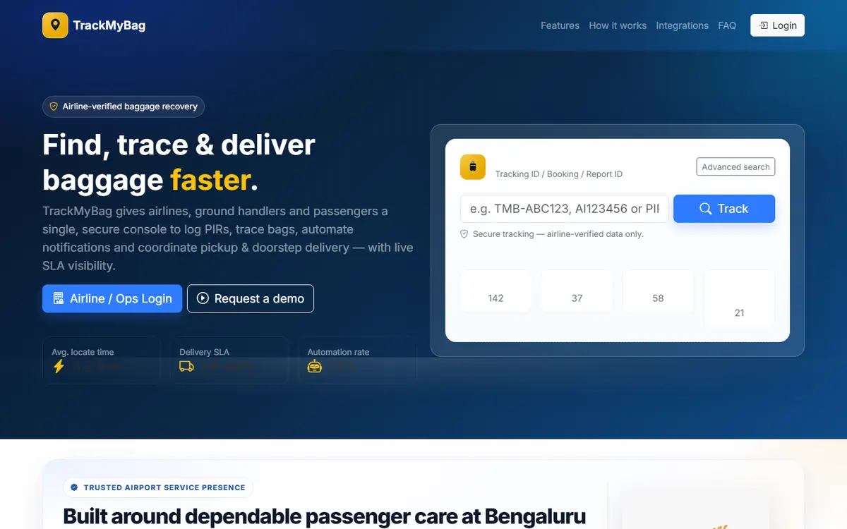 TrackMyBag logistics software homepage UI